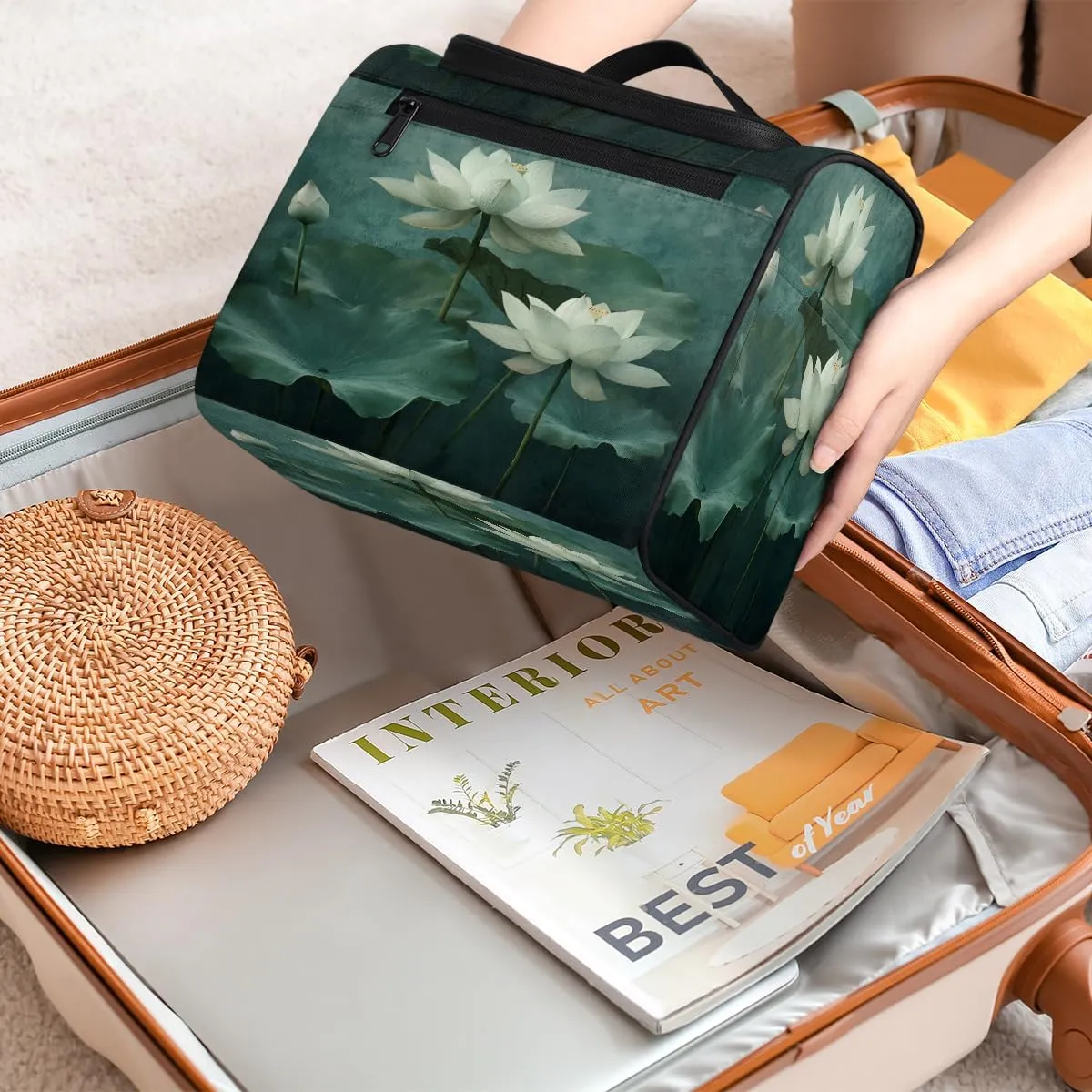 Lotus Travel Toiletry Bag for Women Large Capacity Wide-open Makeup Organizer Cosmetic Travel Bags for Toiletries, Flowers