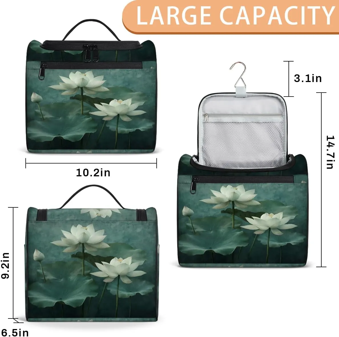 Lotus Travel Toiletry Bag for Women Large Capacity Wide-open Makeup Organizer Cosmetic Travel Bags for Toiletries, Flowers