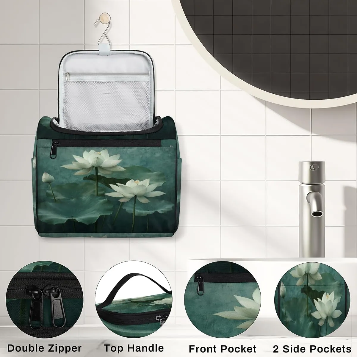Lotus Travel Toiletry Bag for Women Large Capacity Wide-open Makeup Organizer Cosmetic Travel Bags for Toiletries, Flowers