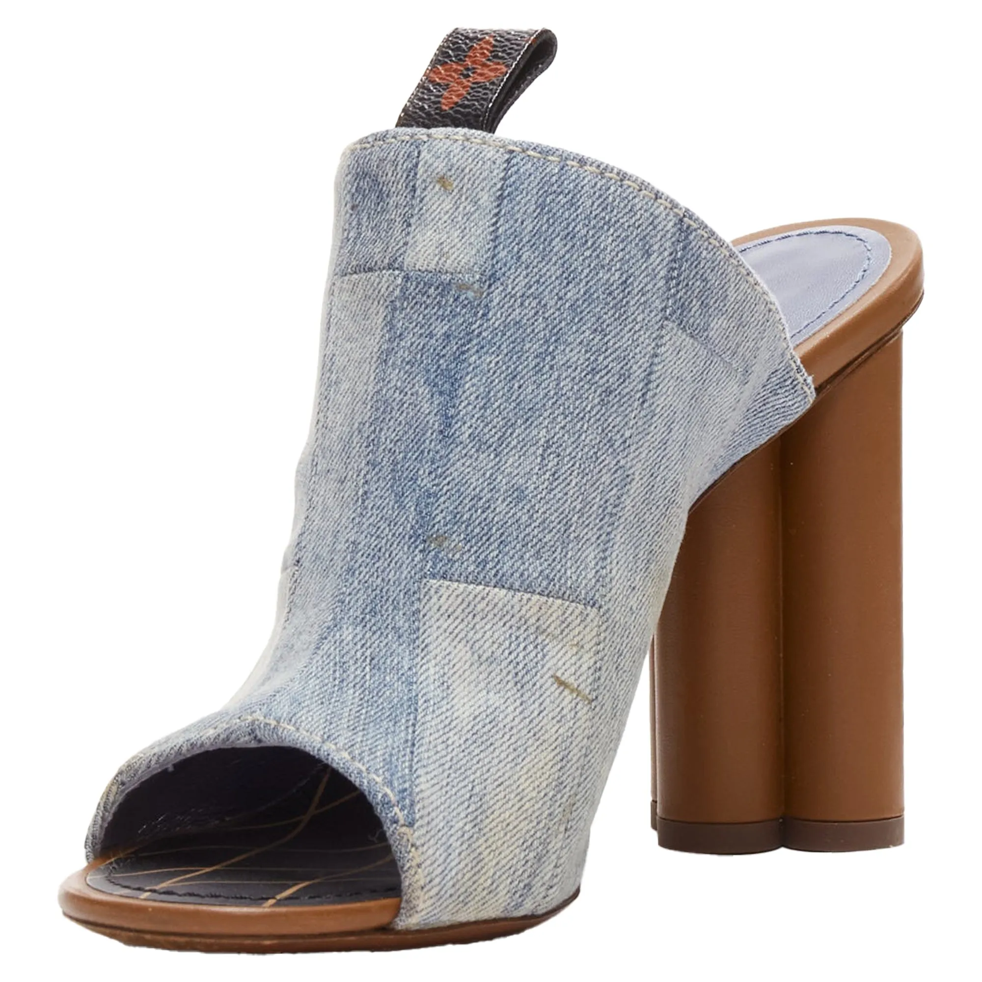 Louis Vuitton LV flower heel denim patchwork mules