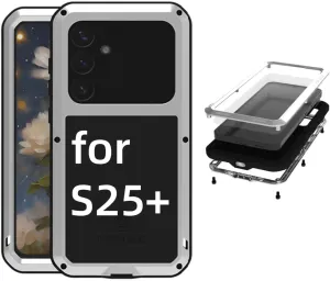 LOVE MEI for Samsung Galaxy S25 /S25 Plus Case,Outdoor Sports Military Heavy Duty Metal Shockproof Dustproof Full Body Case with Built in Tempered Glass Screen Protector (Silver, S25 )