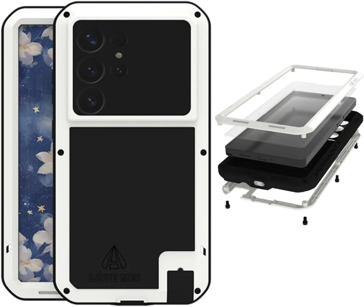 LOVE MEI for Samsung Galaxy S25 Ultra Case,Outdoor Sports Military Heavy Duty Metal Shockproof Dustproof Full Body Case with Built in Tempered Glass Screen Protector (White, S25 Ultra)
