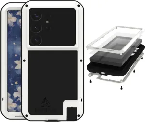 LOVE MEI for Samsung Galaxy S25 Ultra Case,Outdoor Sports Military Heavy Duty Metal Shockproof Dustproof Full Body Case with Built in Tempered Glass Screen Protector (White, S25 Ultra)