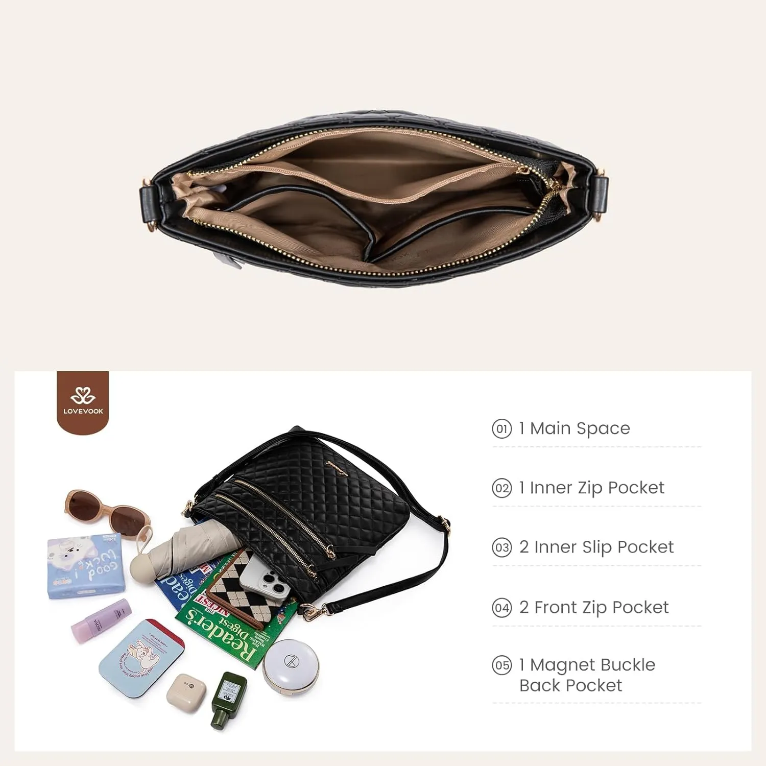 LOVEVOOK Crossbody Purses for Women, Multi Pocket Casual Crossbody Bag, Medium Shoulder Bag Vegan Leather Handbags