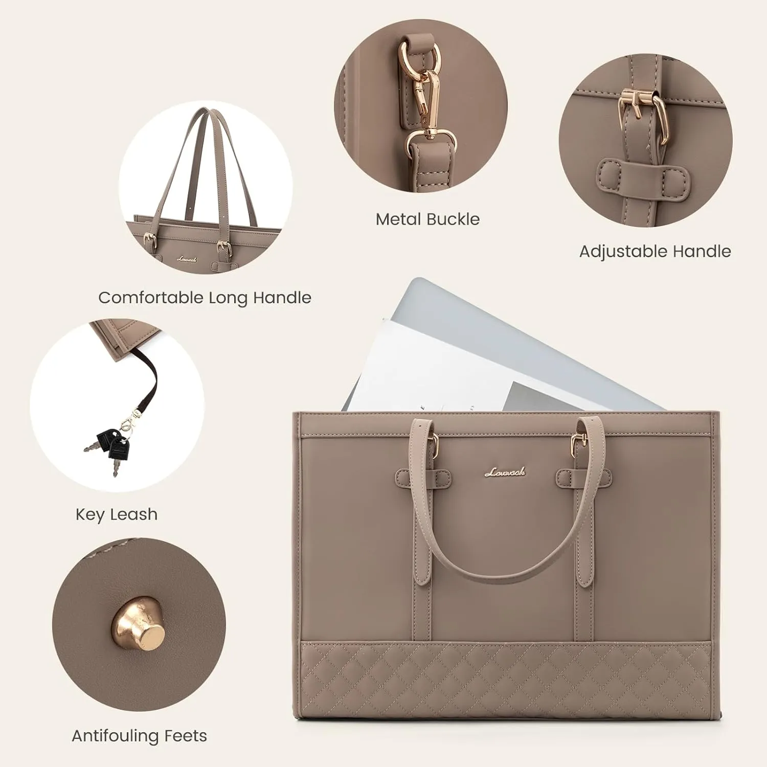 LOVEVOOK Laptop Bag for Women,15.6 inch Laptop Tote Bag Waterproof PU Leather Computer Bag Work Bags for Business Office, Large Capacity Laptop Purse Professional Work Tote Black