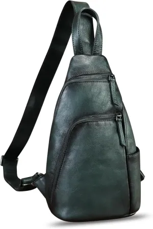 LRTO Genuine Leather Silng Bag for Men and Women Vintage Leather Sling Backpack Purse Shoulder Crossbody Bag Chest Bag
