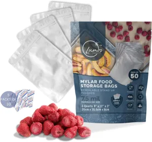 Lumos Products® Mylar Bags -15mil total, 7.5mil PER Side- 2Qt 50pcs, Resealable Zipper, Stand-Up Long-Term Food Storage Ideal for Freeze Dried Food. 1/2 Gal/Oxygen Absorbers (2 Quart)