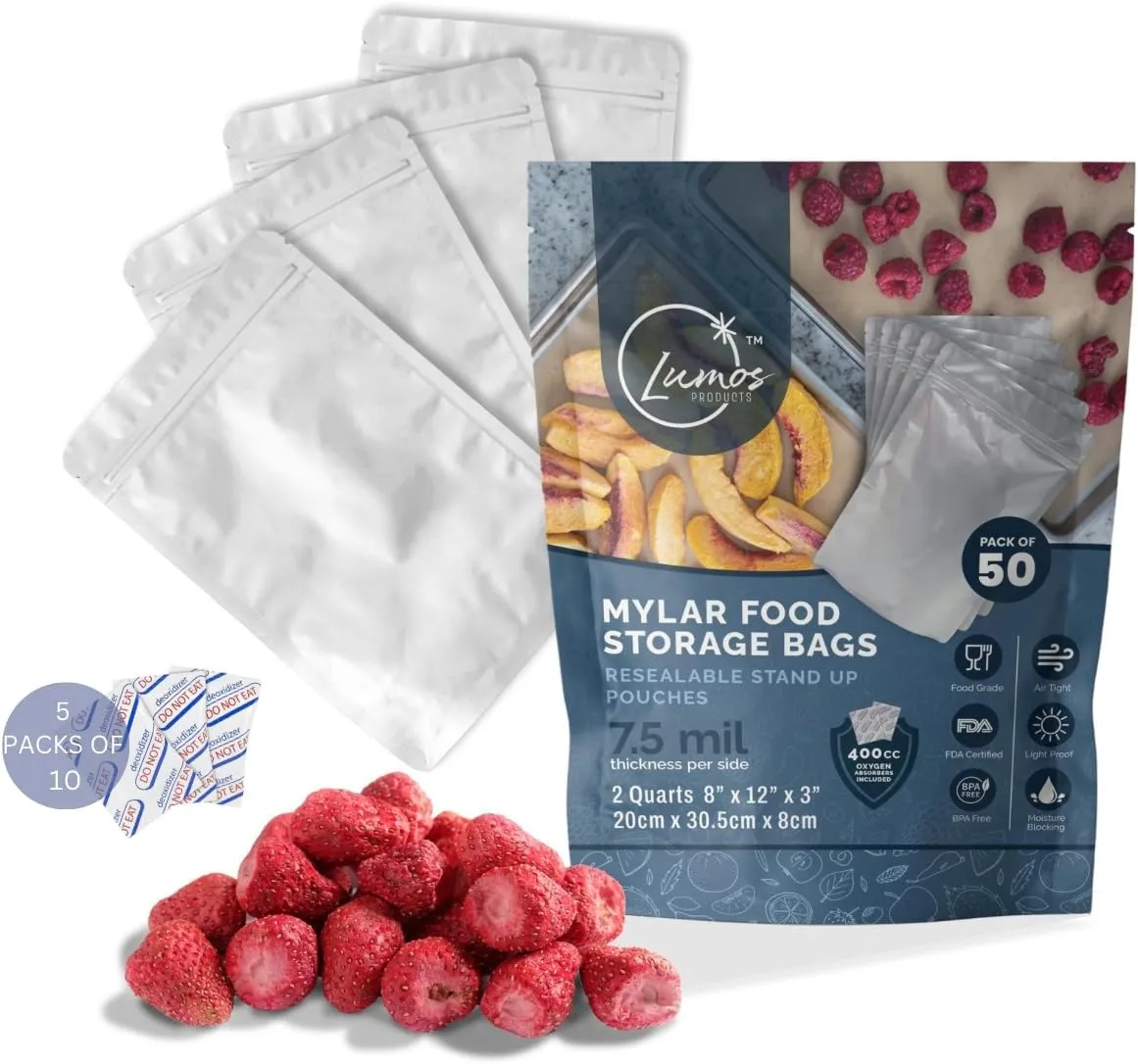 Lumos Products® Mylar Bags -15mil total, 7.5mil PER Side- 2Qt 50pcs, Resealable Zipper, Stand-Up Long-Term Food Storage Ideal for Freeze Dried Food. 1/2 Gal/Oxygen Absorbers (2 Quart)