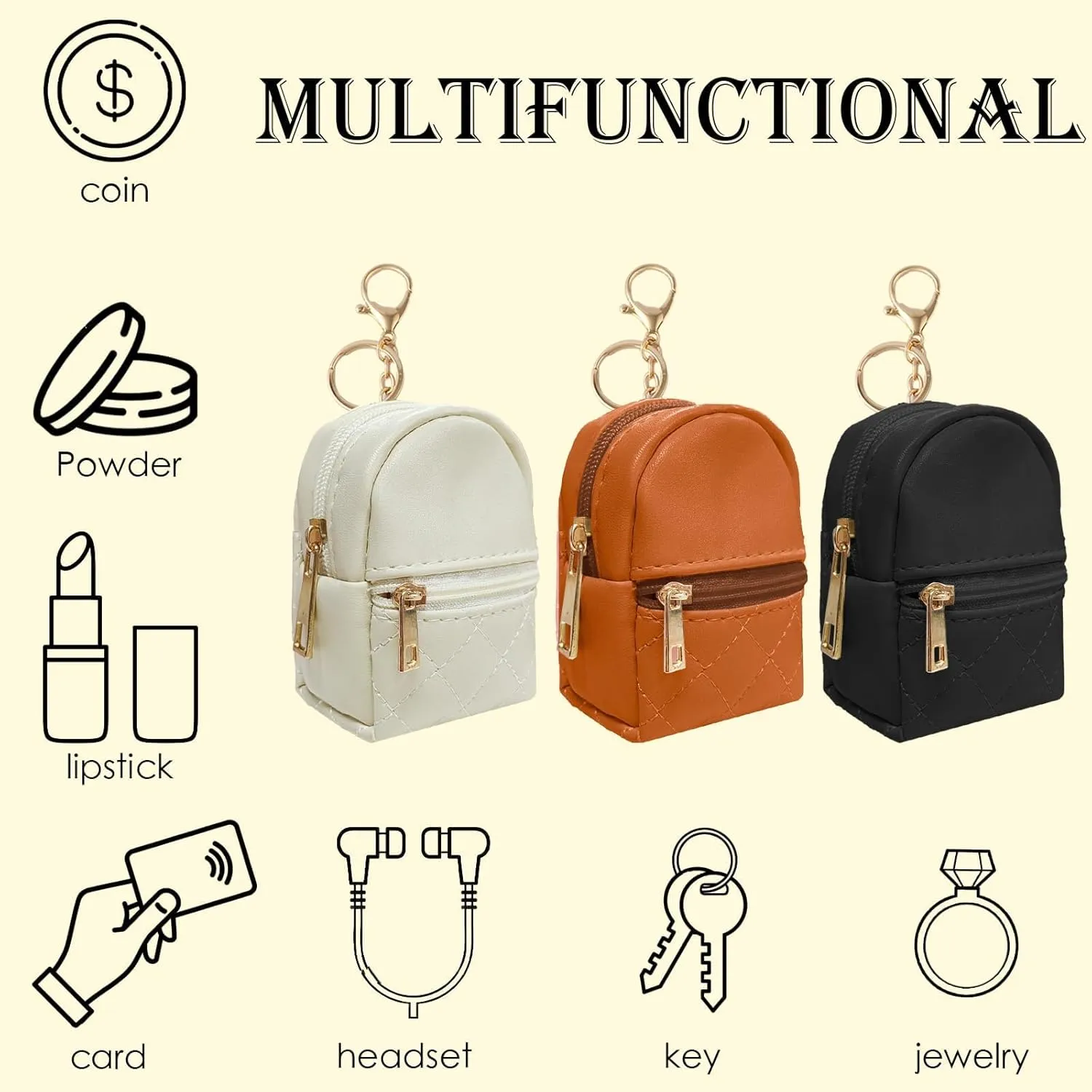LYDZTION 3Pcs Mini Backpack Cute Cosmetic Bag for Women,PU Leather Makeup Bag Key Pocket Lipstick Bag Card Holder Data Cable Organizer Zipper Pouch,Black Brown White