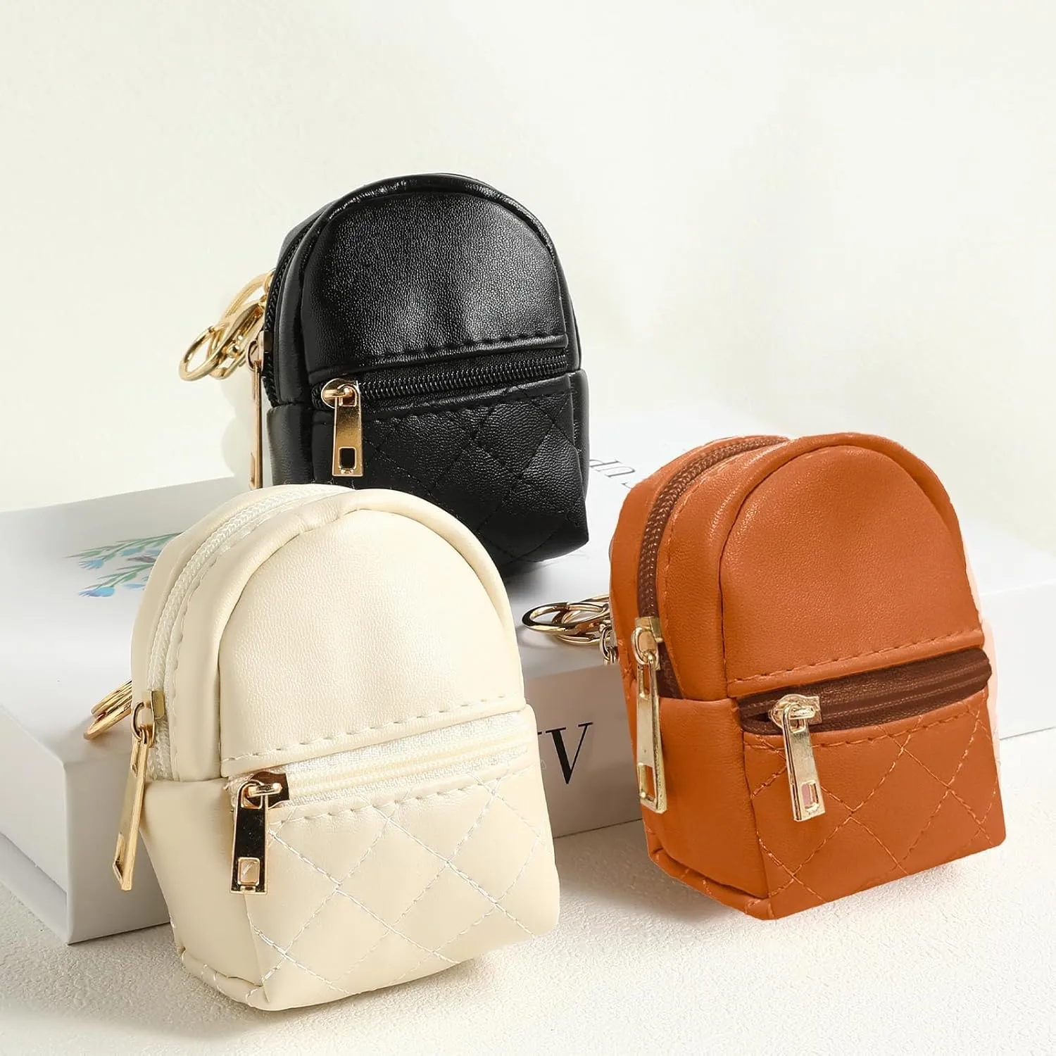 LYDZTION 3Pcs Mini Backpack Cute Cosmetic Bag for Women,PU Leather Makeup Bag Key Pocket Lipstick Bag Card Holder Data Cable Organizer Zipper Pouch,Black Brown White