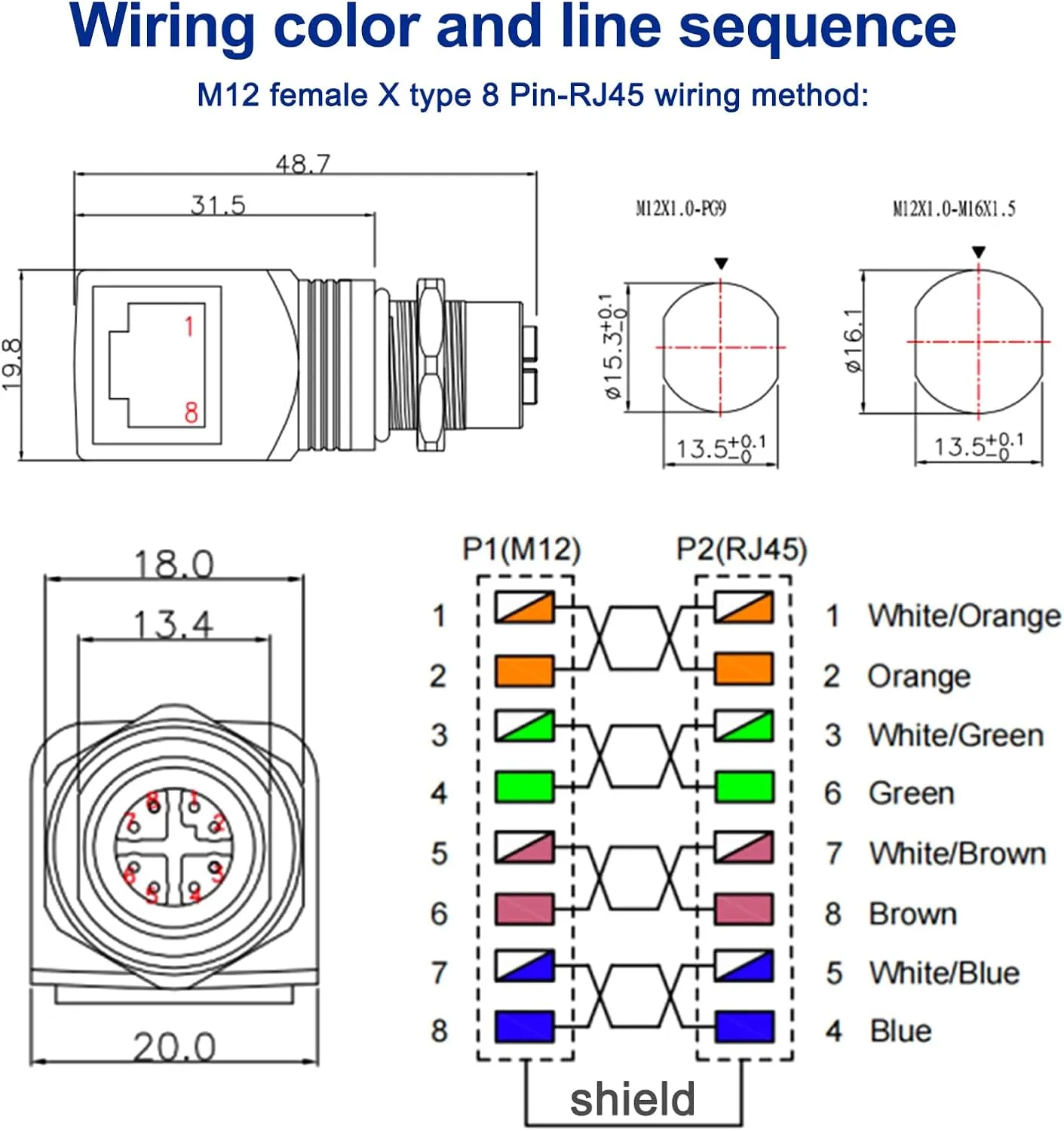 M12 X-Coded 8 Pin to RJ45 Adapter Cat6 Industrial Ethernet Shielded Connector IP68 Waterproof for Cognex and Automation Application