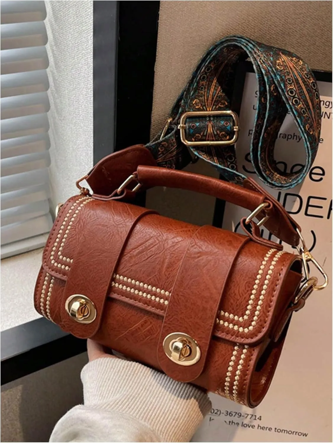 MakeMeChic Women's Faux Leather Crossbody Bag Top Handle Retro Cylinder Handbag with Printed Strap