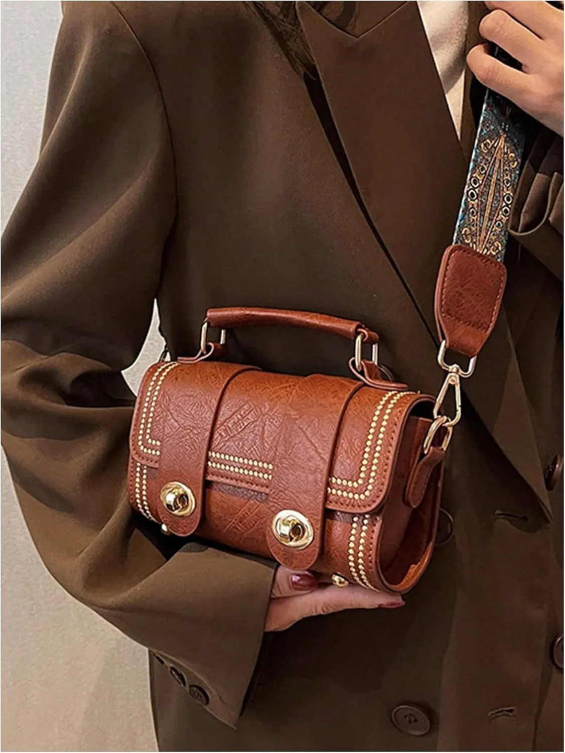 MakeMeChic Women's Faux Leather Crossbody Bag Top Handle Retro Cylinder Handbag with Printed Strap