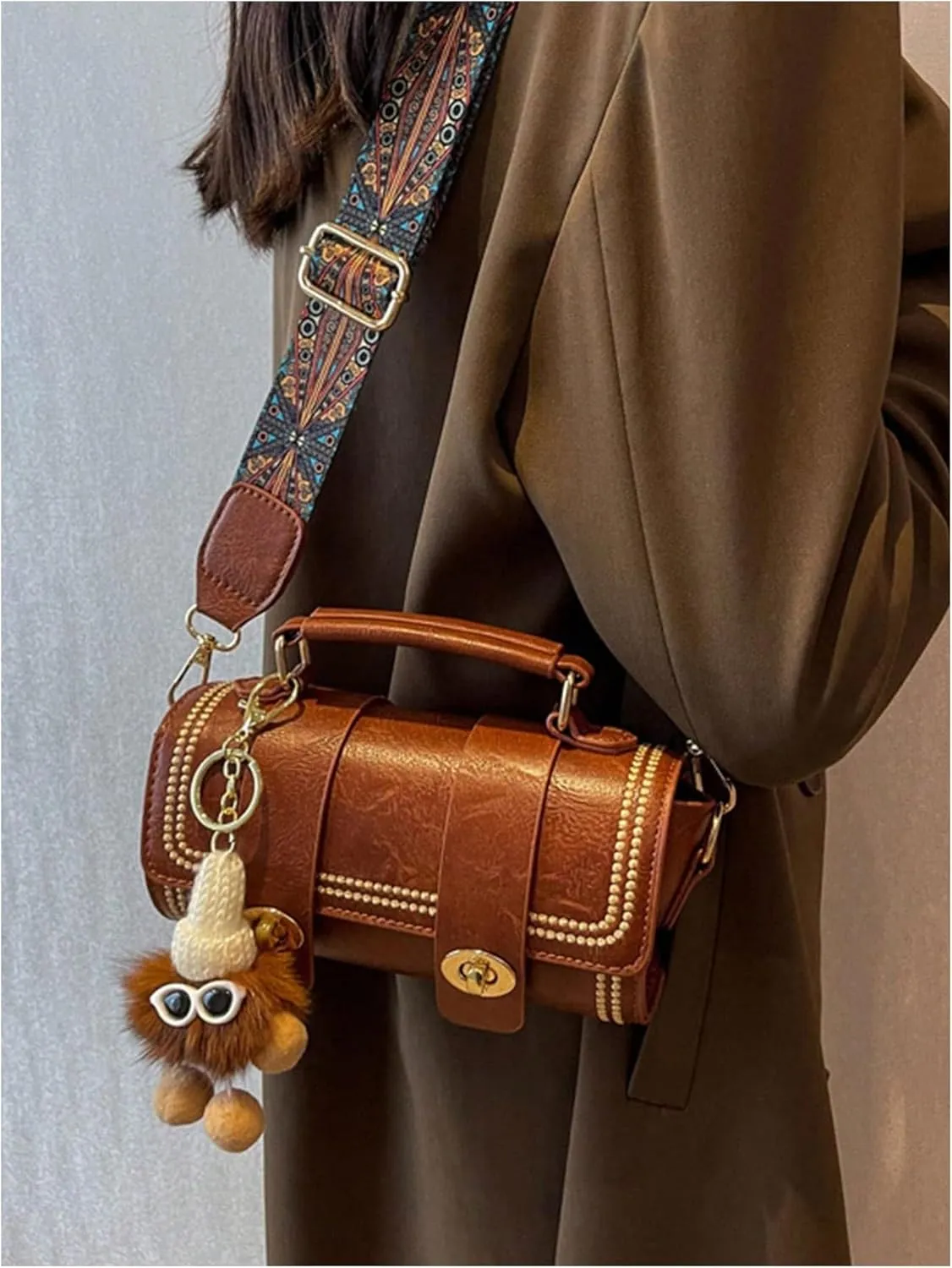 MakeMeChic Women's Faux Leather Crossbody Bag Top Handle Retro Cylinder Handbag with Printed Strap