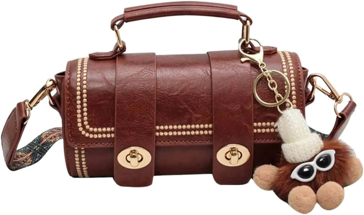 MakeMeChic Women's Faux Leather Crossbody Bag Top Handle Retro Cylinder Handbag with Printed Strap