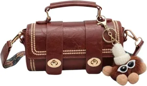 MakeMeChic Women's Faux Leather Crossbody Bag Top Handle Retro Cylinder Handbag with Printed Strap