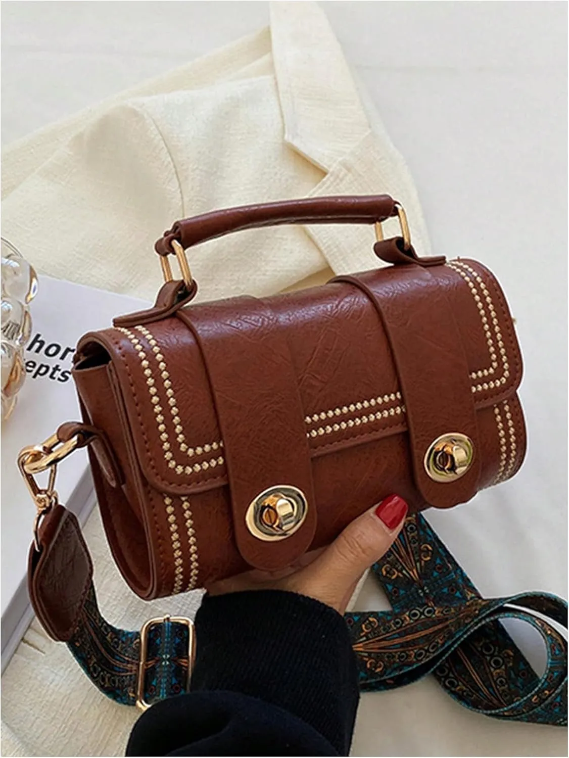 MakeMeChic Women's Faux Leather Crossbody Bag Top Handle Retro Cylinder Handbag with Printed Strap