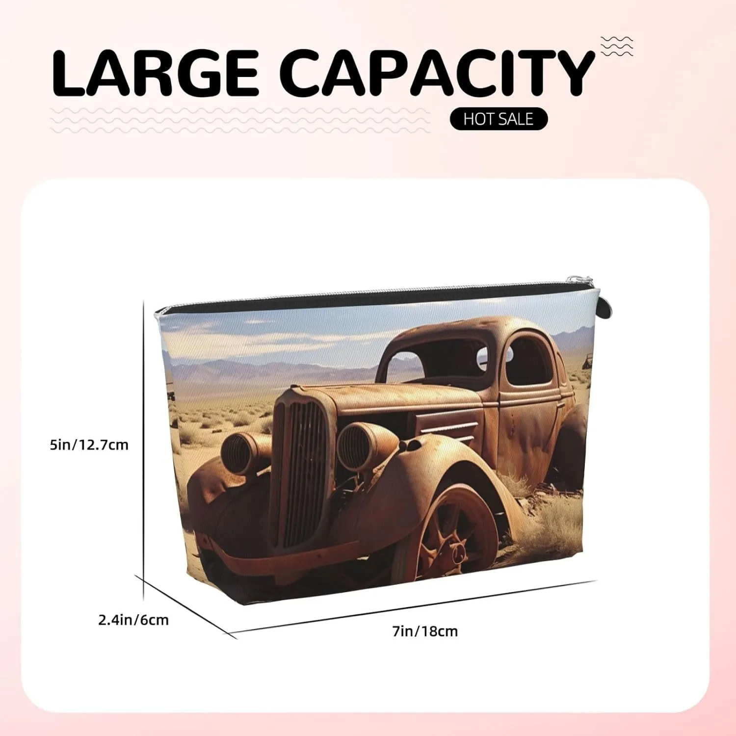 Makeup Bag for Women Wheels Abandoned in The Desert Travel Cosmetic Bag Large Capacity Portable Makeup Organizer Bags PU Leather Waterproof Toiletry Bag Cute Aesthetic Zipper Makeup Pouch