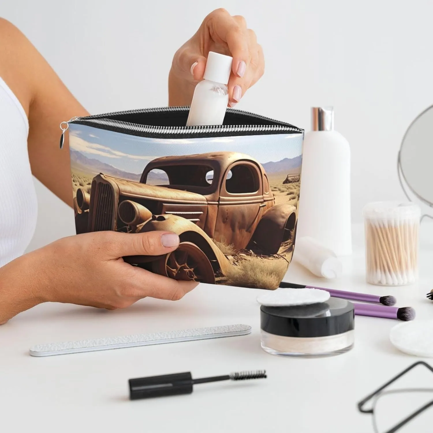 Makeup Bag for Women Wheels Abandoned in The Desert Travel Cosmetic Bag Large Capacity Portable Makeup Organizer Bags PU Leather Waterproof Toiletry Bag Cute Aesthetic Zipper Makeup Pouch