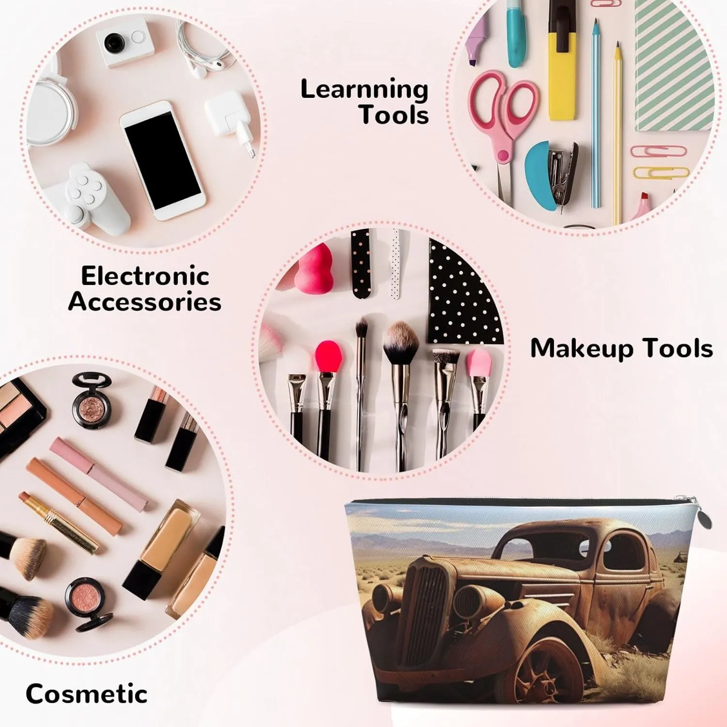 Makeup Bag for Women Wheels Abandoned in The Desert Travel Cosmetic Bag Large Capacity Portable Makeup Organizer Bags PU Leather Waterproof Toiletry Bag Cute Aesthetic Zipper Makeup Pouch