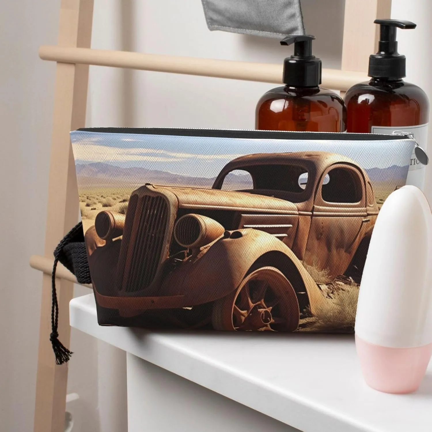Makeup Bag for Women Wheels Abandoned in The Desert Travel Cosmetic Bag Large Capacity Portable Makeup Organizer Bags PU Leather Waterproof Toiletry Bag Cute Aesthetic Zipper Makeup Pouch