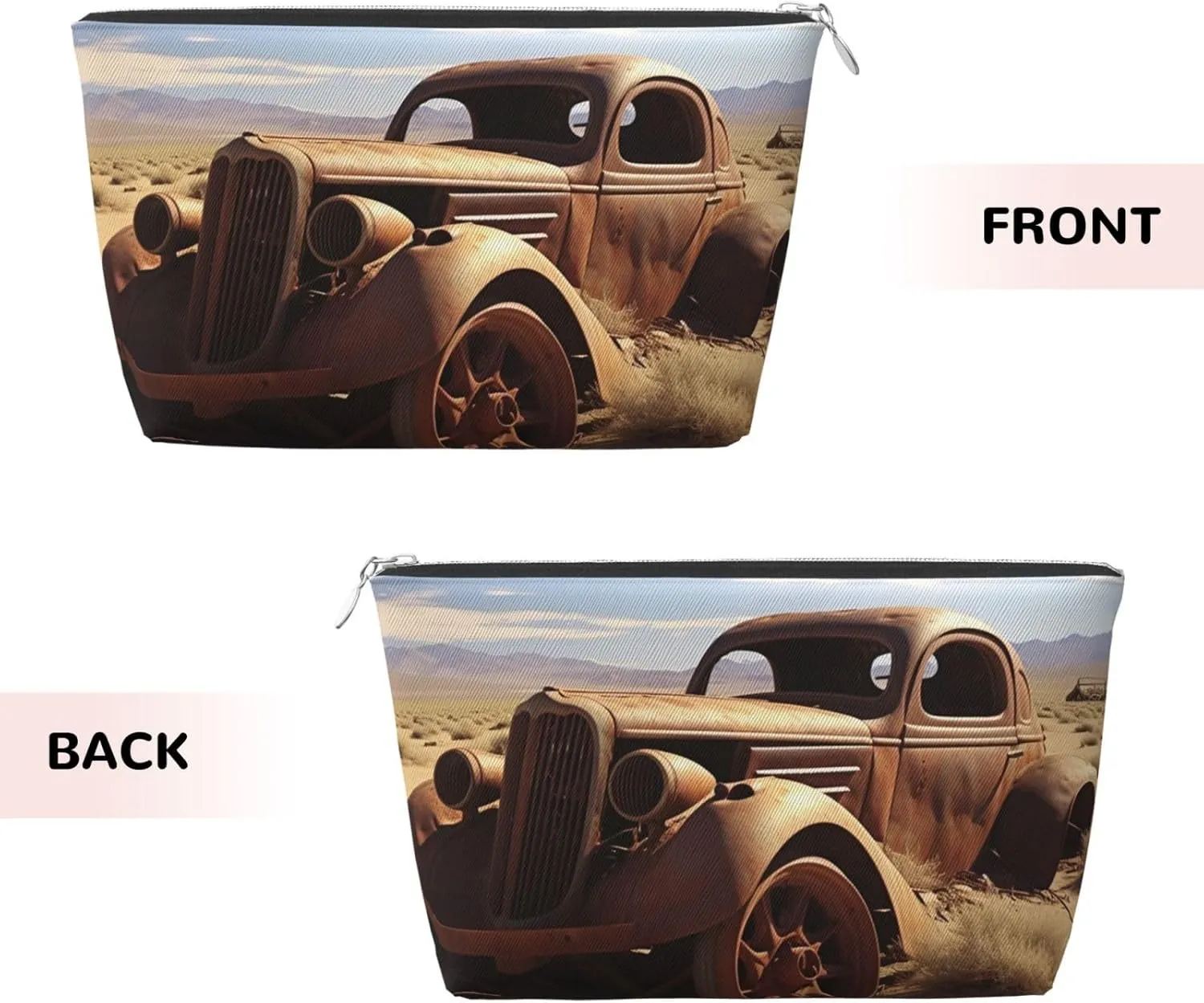 Makeup Bag for Women Wheels Abandoned in The Desert Travel Cosmetic Bag Large Capacity Portable Makeup Organizer Bags PU Leather Waterproof Toiletry Bag Cute Aesthetic Zipper Makeup Pouch