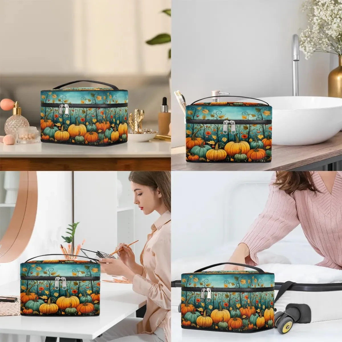 Makeup Bag Large Leaf Pumpkin Toiletry Bag for Women Travel Cosmetic Bag Portable Makeup Bag for Bottles Brushes Lipstick Skin Care