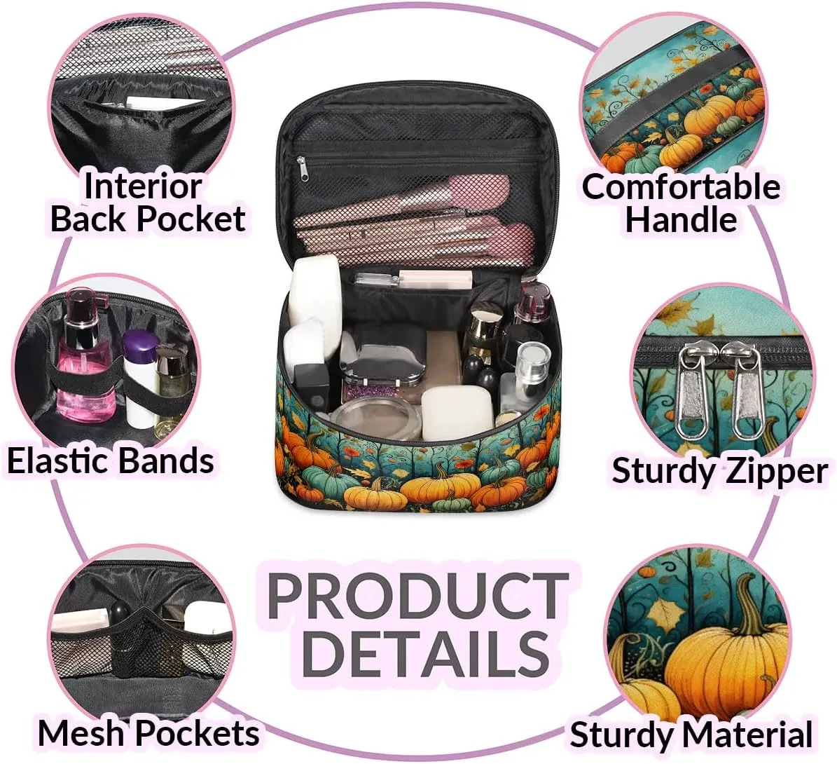 Makeup Bag Large Leaf Pumpkin Toiletry Bag for Women Travel Cosmetic Bag Portable Makeup Bag for Bottles Brushes Lipstick Skin Care