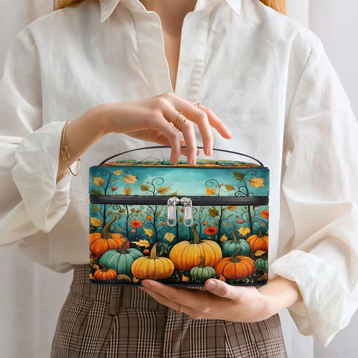 Makeup Bag Large Leaf Pumpkin Toiletry Bag for Women Travel Cosmetic Bag Portable Makeup Bag for Bottles Brushes Lipstick Skin Care