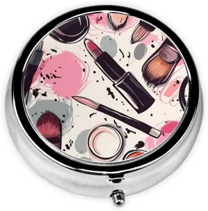 Makeup Cosmetics Pattern Pill Box Round Pill Case for Pocket Purse 3 Compartment Medicine Pill Organizer Cute Portable Travel Pillbox Vitamin Cod Liver Oil Storage Box Unique Gift Organizer