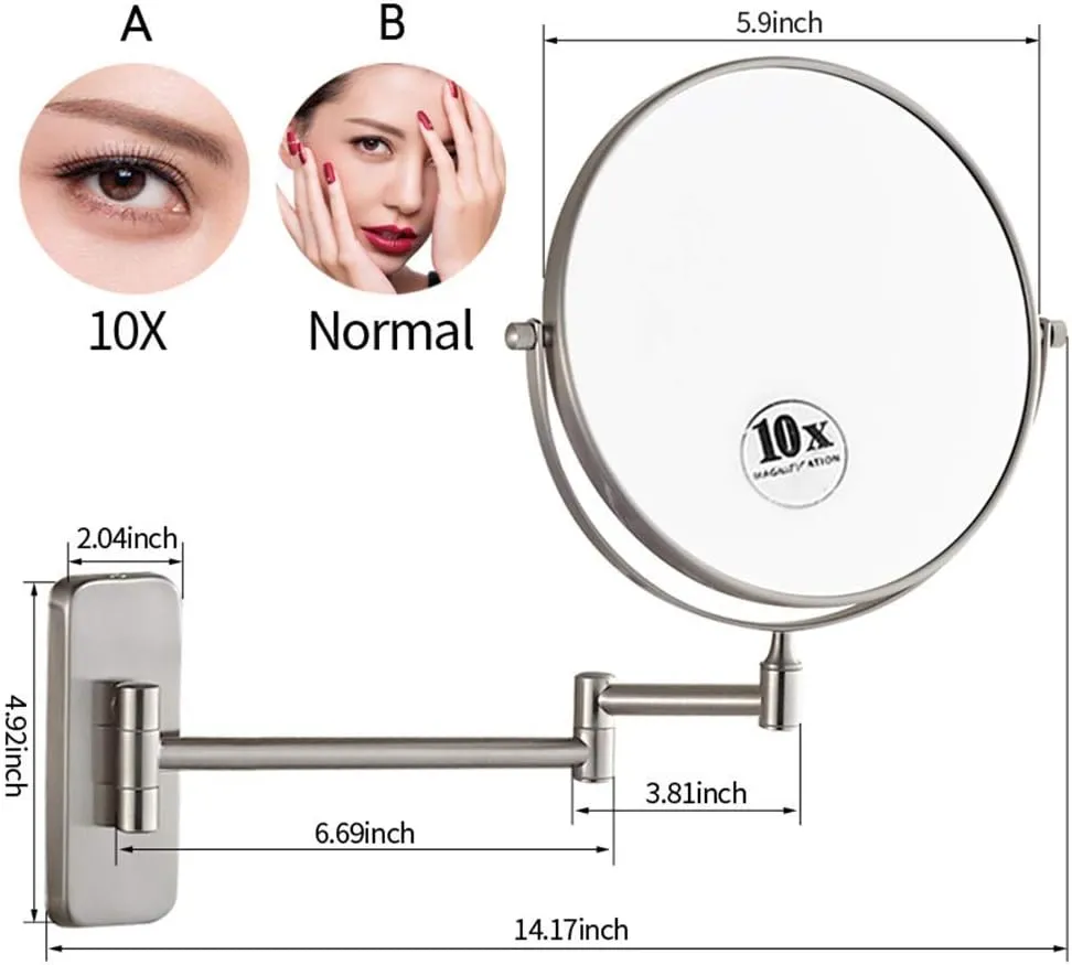 Makeup Mirrors Wall Mounted, Bathroom Double Sided Magnifying Adjustable Extendable Swivel Vanity Mirrors Cosmetic(6inch,10X)