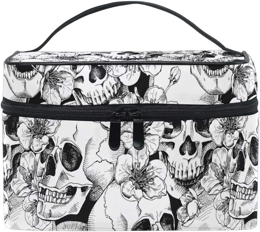 Makeup Train Case Sugar Skull Mexican Floral Korean Carrying Portable Zip Travel Cosmetic Brush Bag Organizer Large White Elephant Gift for Girls Women