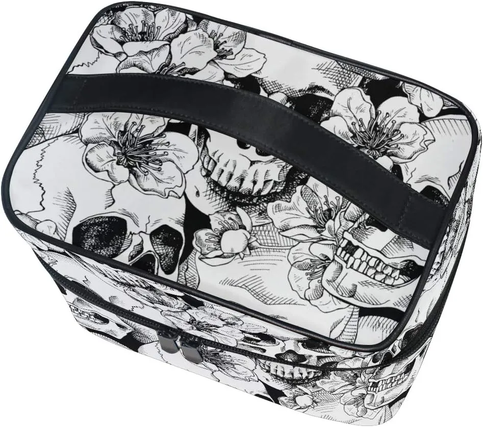 Makeup Train Case Sugar Skull Mexican Floral Korean Carrying Portable Zip Travel Cosmetic Brush Bag Organizer Large White Elephant Gift for Girls Women