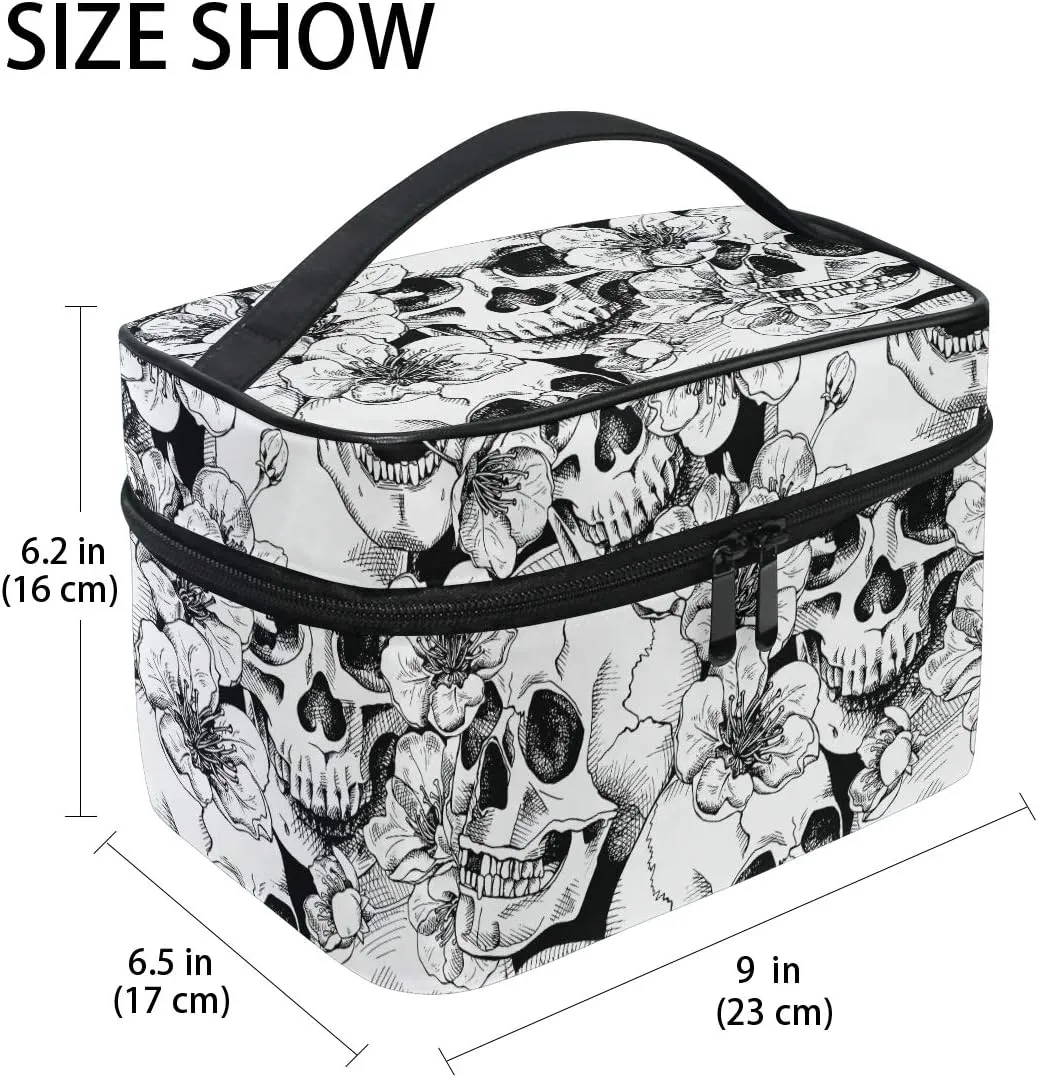 Makeup Train Case Sugar Skull Mexican Floral Korean Carrying Portable Zip Travel Cosmetic Brush Bag Organizer Large White Elephant Gift for Girls Women