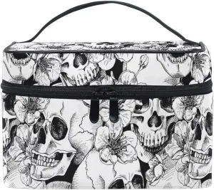 Makeup Train Case Sugar Skull Mexican Floral Korean Carrying Portable Zip Travel Cosmetic Brush Bag Organizer Large White Elephant Gift for Girls Women