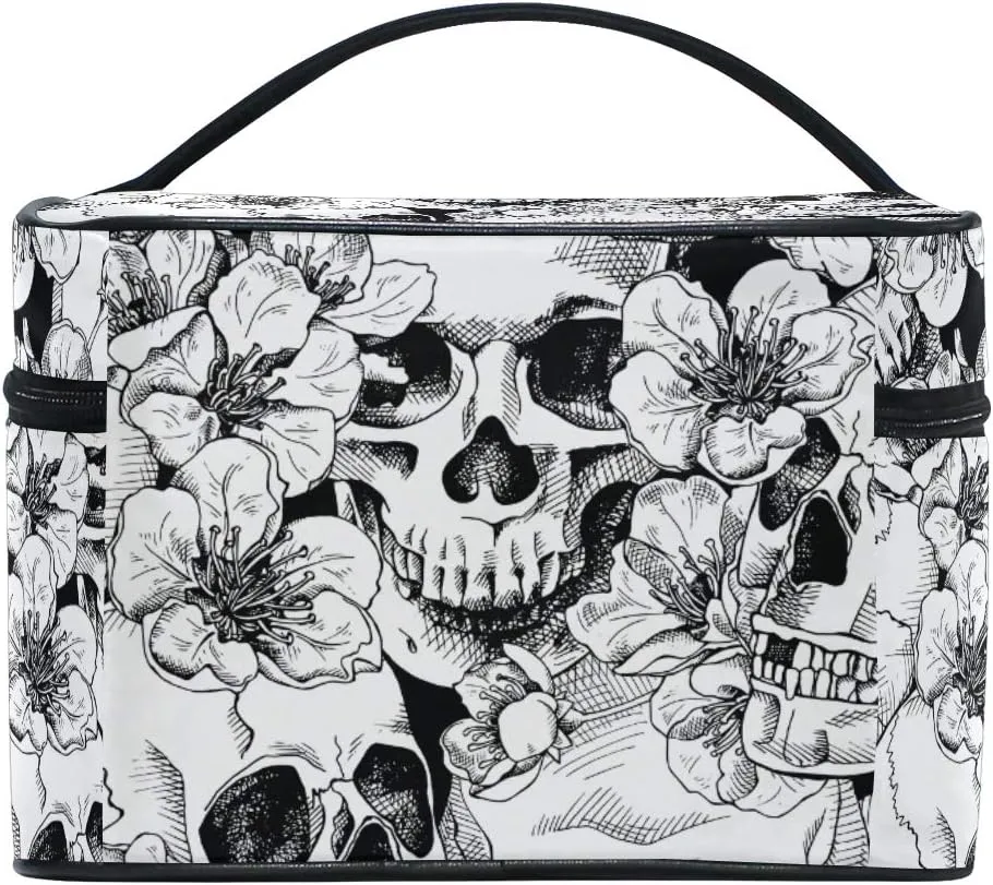 Makeup Train Case Sugar Skull Mexican Floral Korean Carrying Portable Zip Travel Cosmetic Brush Bag Organizer Large White Elephant Gift for Girls Women