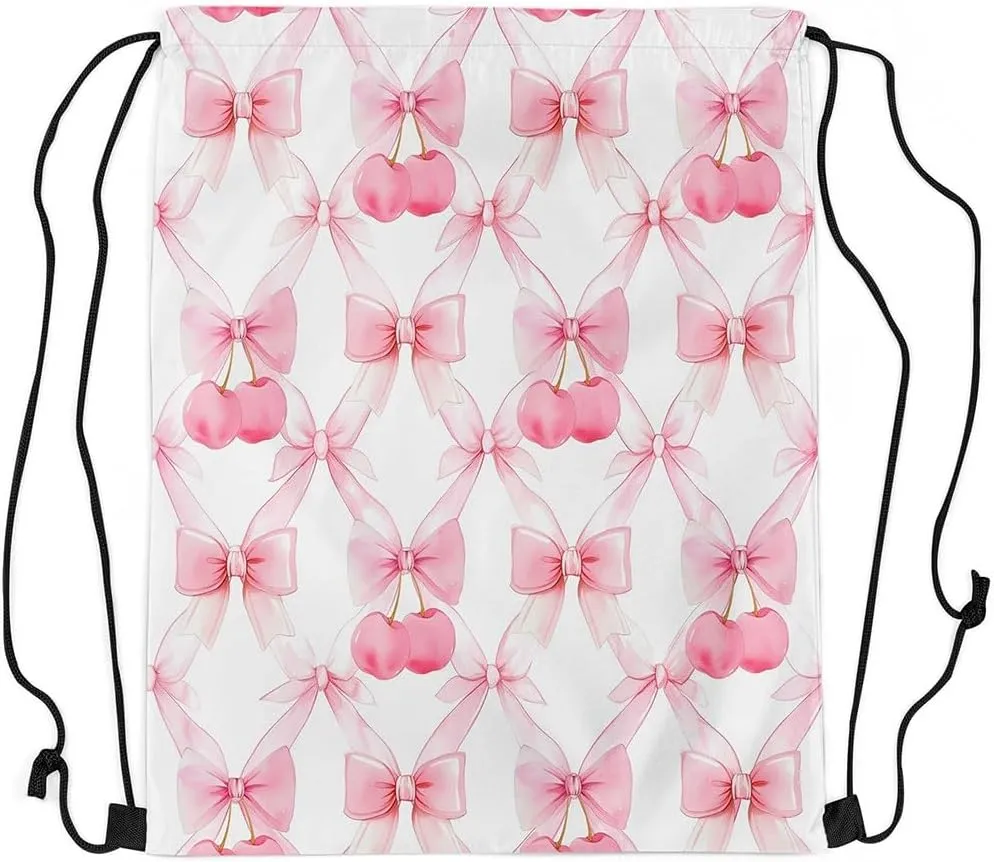 Manfei Pink Bowknot Drawstring Backpack,Fairy Bow Princess Bow-tie Grids Patchwork Drawstring Bag,Cute Cherry Sweet Fruits Romantic Draw String Bag Gym Packs Large Capacity,Lightweight