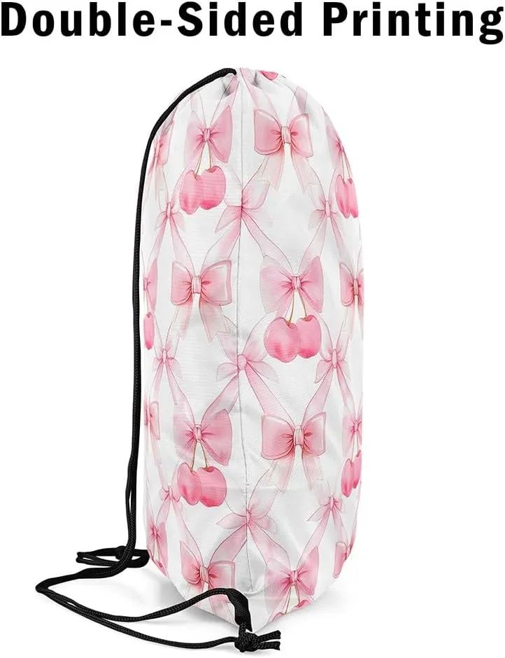 Manfei Pink Bowknot Drawstring Backpack,Fairy Bow Princess Bow-tie Grids Patchwork Drawstring Bag,Cute Cherry Sweet Fruits Romantic Draw String Bag Gym Packs Large Capacity,Lightweight