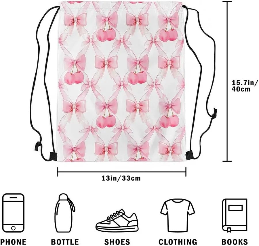 Manfei Pink Bowknot Drawstring Backpack,Fairy Bow Princess Bow-tie Grids Patchwork Drawstring Bag,Cute Cherry Sweet Fruits Romantic Draw String Bag Gym Packs Large Capacity,Lightweight