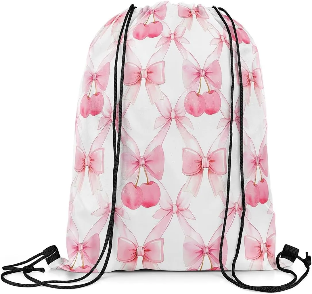 Manfei Pink Bowknot Drawstring Backpack,Fairy Bow Princess Bow-tie Grids Patchwork Drawstring Bag,Cute Cherry Sweet Fruits Romantic Draw String Bag Gym Packs Large Capacity,Lightweight