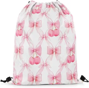 Manfei Pink Bowknot Drawstring Backpack,Fairy Bow Princess Bow-tie Grids Patchwork Drawstring Bag,Cute Cherry Sweet Fruits Romantic Draw String Bag Gym Packs Large Capacity,Lightweight