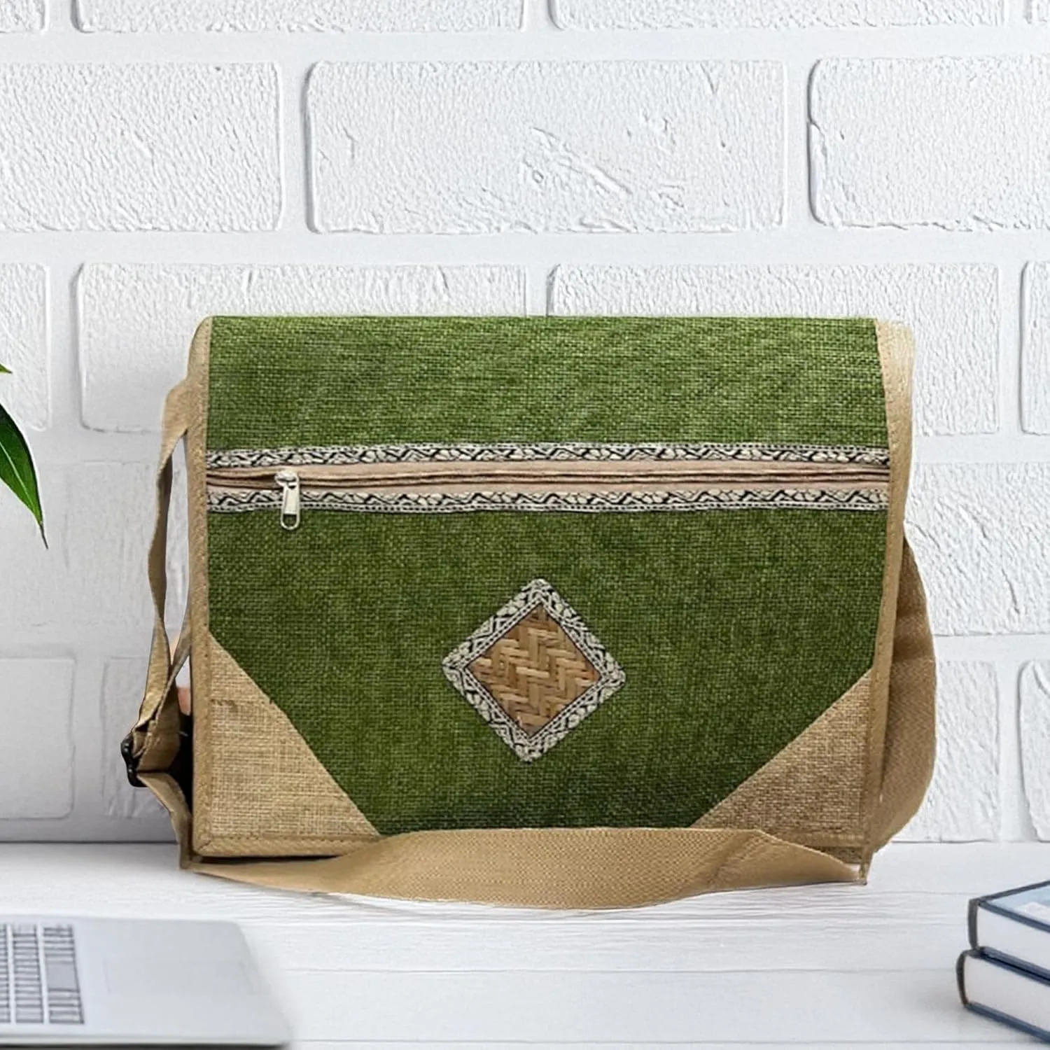 Maresse Bamboo Weave Laptop Bag for Men & Women – 16-Inch Professional Bag with Crossbody Strap – Eco-Friendly, Stylish for Office, Casual Use, and Everyday Work - Versatile and Sustainable, Green D,