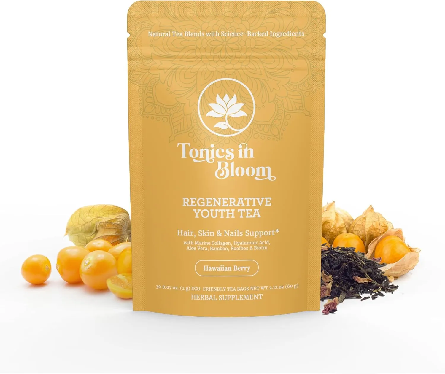 Marine Collagen Beauty Tea – Infused with Organic Botanicals for Skin, Hair & Nails – Hibiscus Acai Flavor – 30 Tea Bags (Hawaiian Berry)
