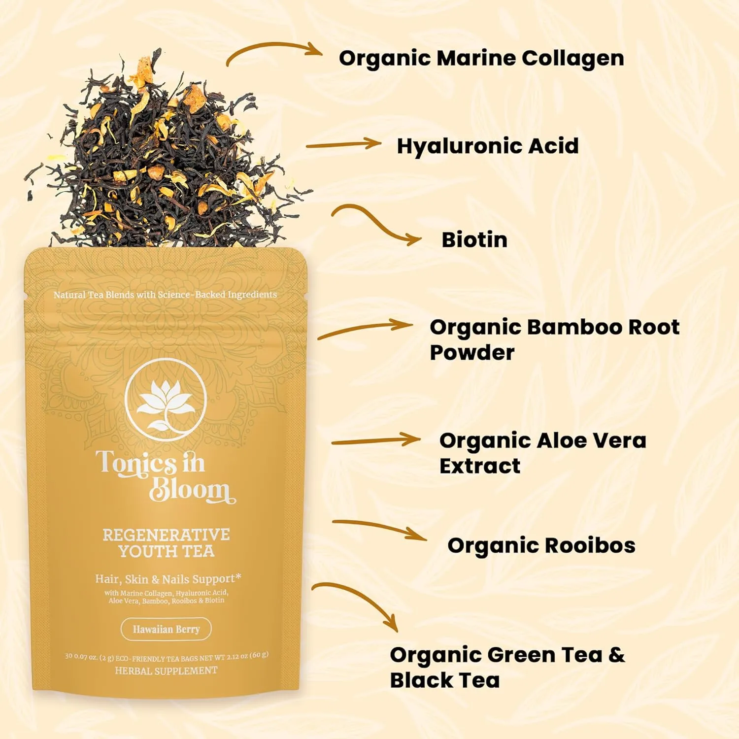 Marine Collagen Beauty Tea – Infused with Organic Botanicals for Skin, Hair & Nails – Hibiscus Acai Flavor – 30 Tea Bags (Hawaiian Berry)