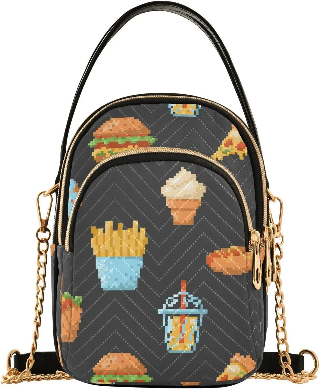 MCHIVER Black Burger Foods Crossbody Bag for Women Cell Phone Purse Wallet with Removable Chain Shoulder Handbag for Passport Phone Travel Work