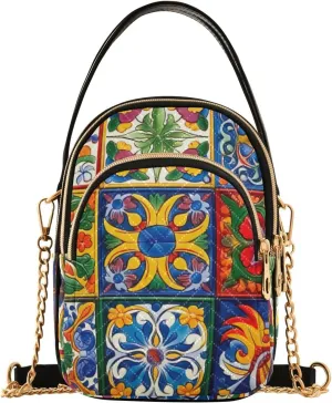 MCHIVER Mexican Ceramic Tiles Crossbody Bag for Women Cell Phone Purse Wallet with Removable Chain Shoulder Handbag for Work Phone Passport Travel