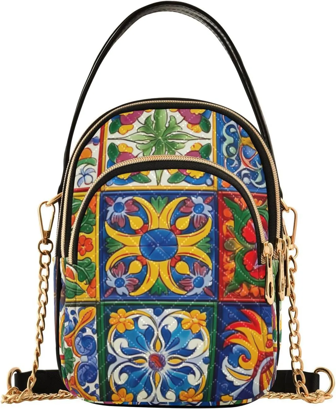 MCHIVER Mexican Ceramic Tiles Crossbody Bag for Women Cell Phone Purse Wallet with Removable Chain Shoulder Handbag for Work Phone Passport Travel