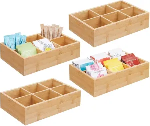 mDesign Bamboo Tea & Food Storage Organizer Container Box - Wooden Holder Case for Tea Bags, Coffee, Snacks, Sugar, Sweeteners, and Small Packets - Echo Collection - 4 Pack - Natural Wood