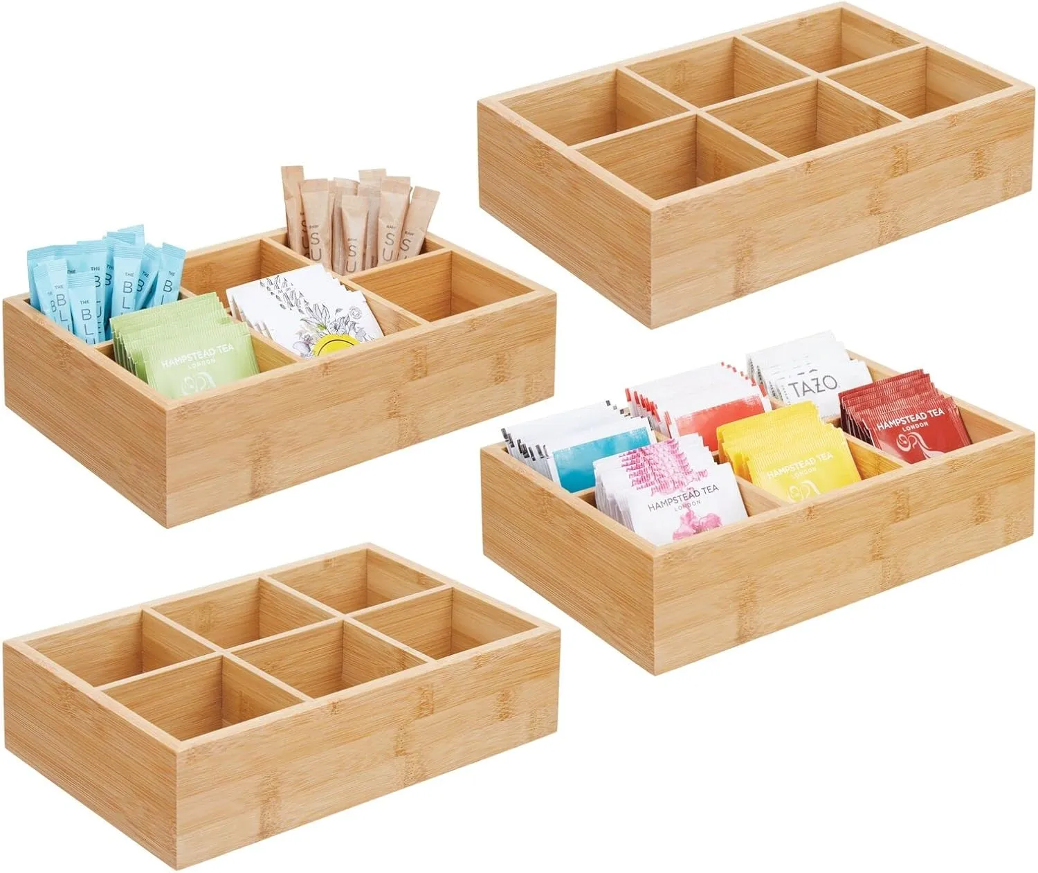 mDesign Bamboo Tea & Food Storage Organizer Container Box - Wooden Holder Case for Tea Bags, Coffee, Snacks, Sugar, Sweeteners, and Small Packets - Echo Collection - 4 Pack - Natural Wood