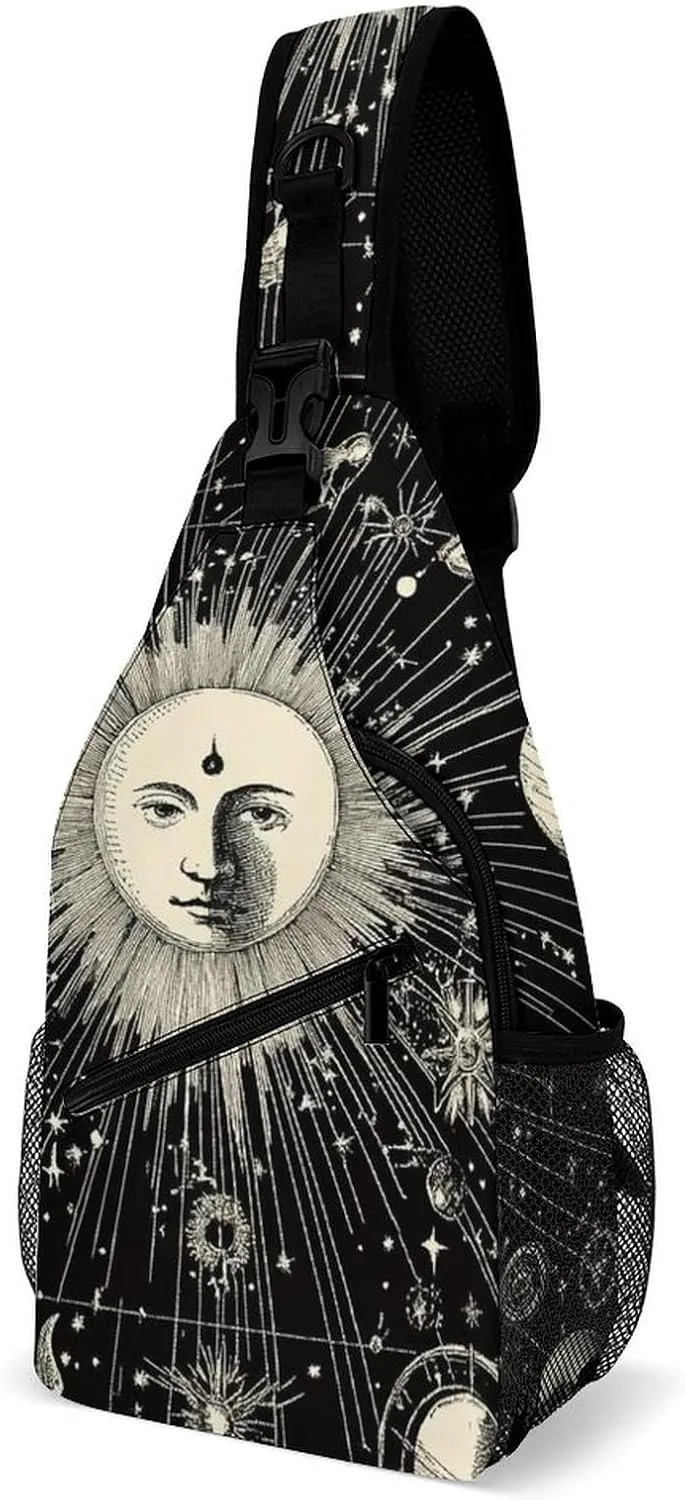 Men Women Sling Shoulder Backpack Foldable Unbalance Shoulder Chest Crossbody Bag - Vintage Sun And Moon Star Trail Art Anti-Theft Multipurpose Rucksack Bookbag Backpack